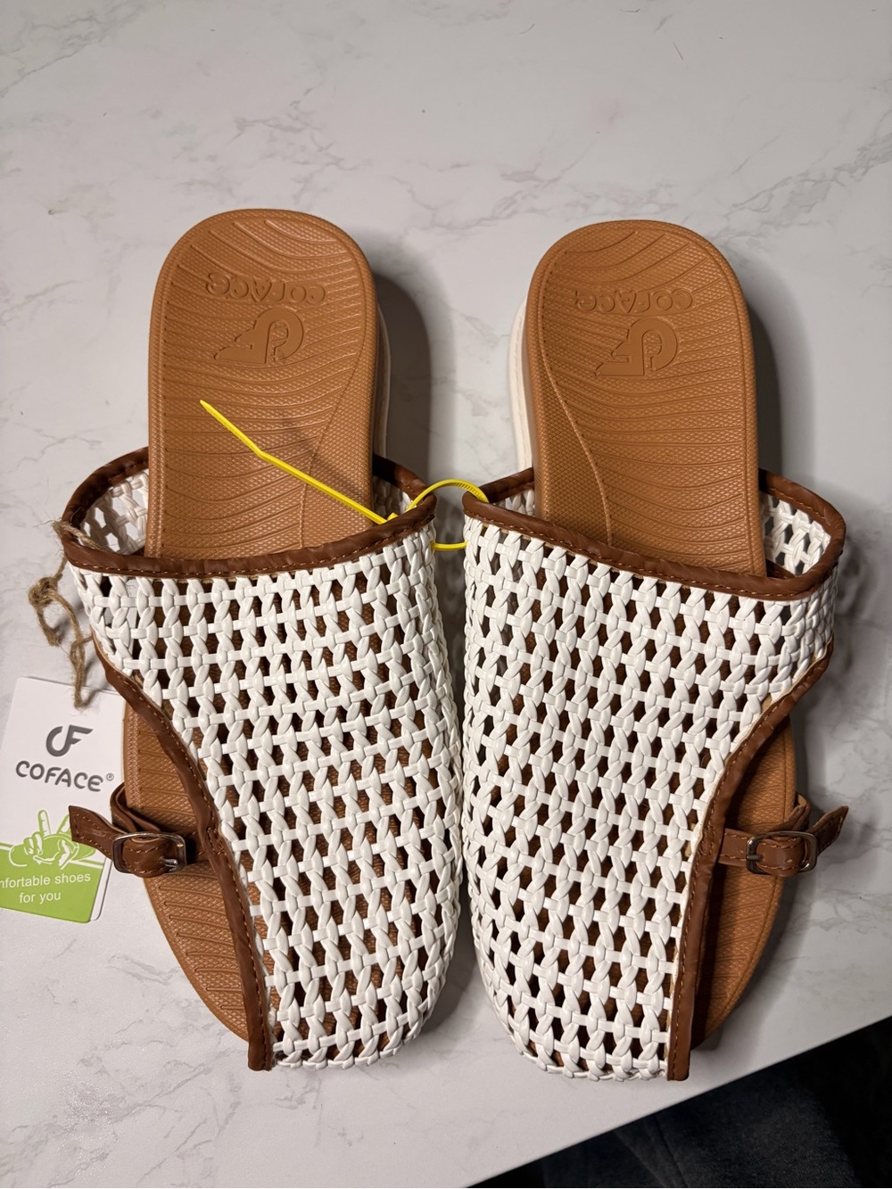COFACE White Woven Slide Mules with Brown Trim